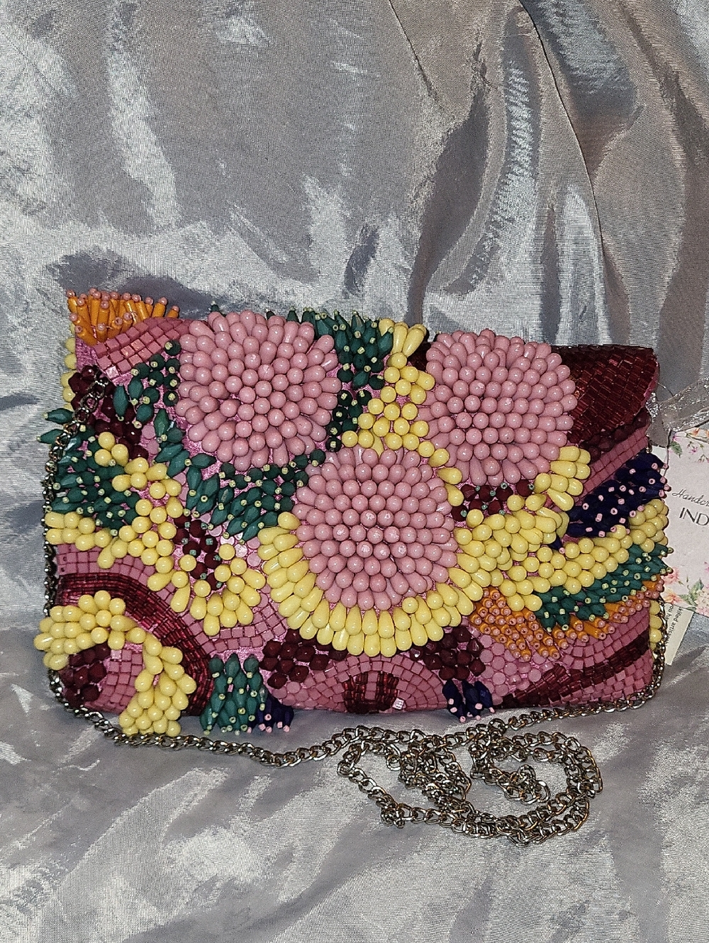 Handcrafted In India Beaded Floral Clutch - Pink & Yellow Ea
